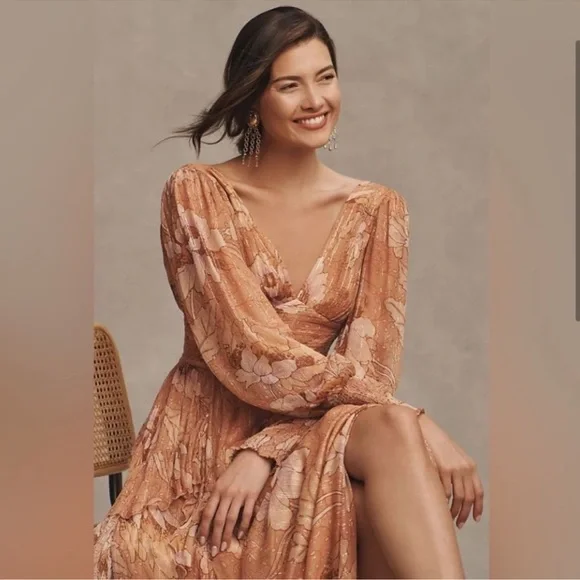 Anthropologie x BHLDN V-Neck Long-Sleeve Printed Chiffon Gown - Picture 3 of 7